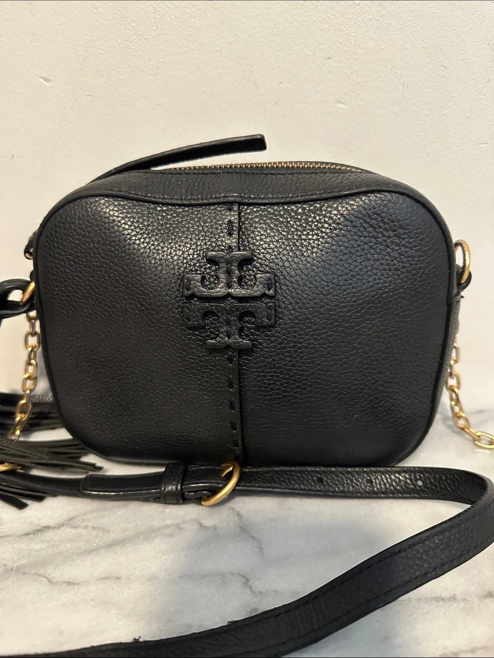 Tory Burch McGraw Black Pebbled Leather Camera Crossbody Bag Tassel